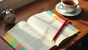 An open French workbook with colorful sticky-note tabs, a red pen and a desk clock