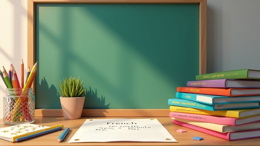 A French learning corner with colorful workbooks, colored pencils and a chalkboard