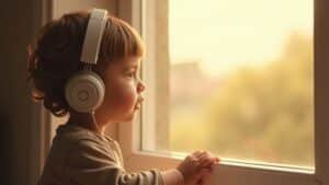 A young child wearing headphones listening thoughtfully by a window