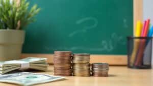 Stacks of coins and school supplies representing a homeschool budget