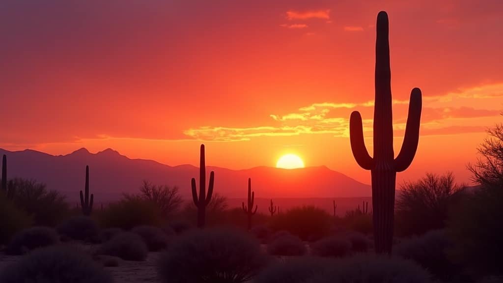 Arizona Sonoran desert with saguaro cacti at sunset