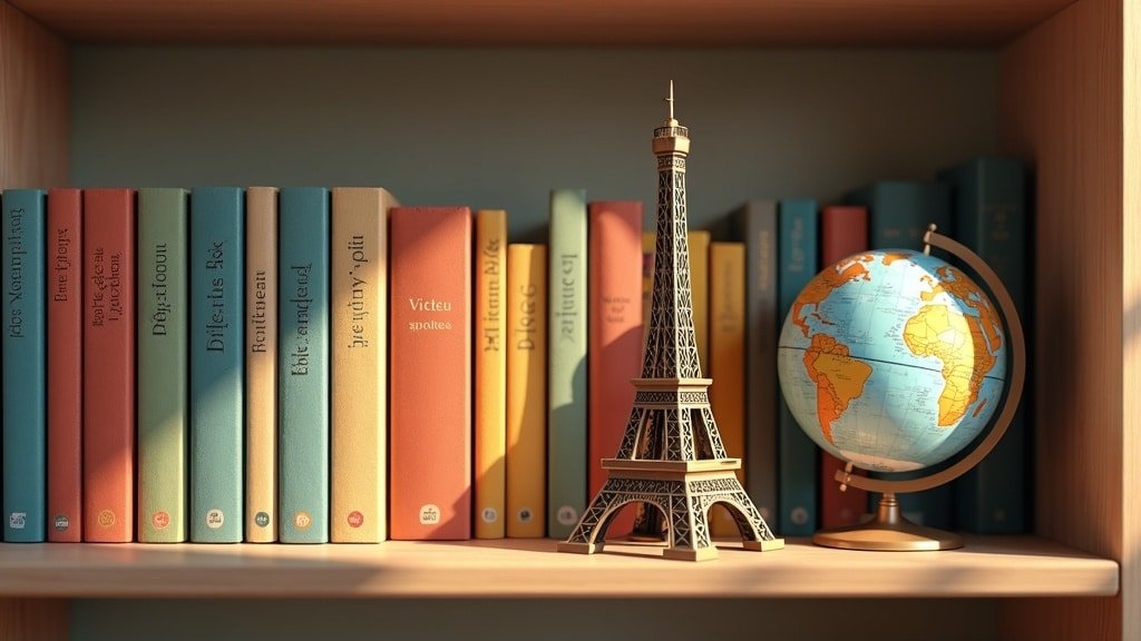A home bookshelf with French children books an Eiffel Tower model and a globe