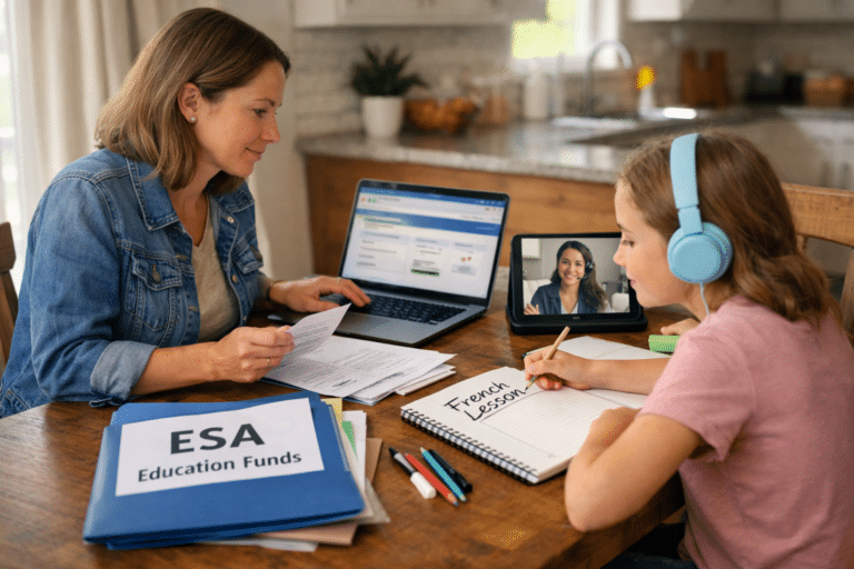 ESA education-savings folder and a laptop on a desk