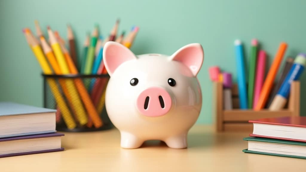 A piggy bank surrounded by colorful school supplies and books