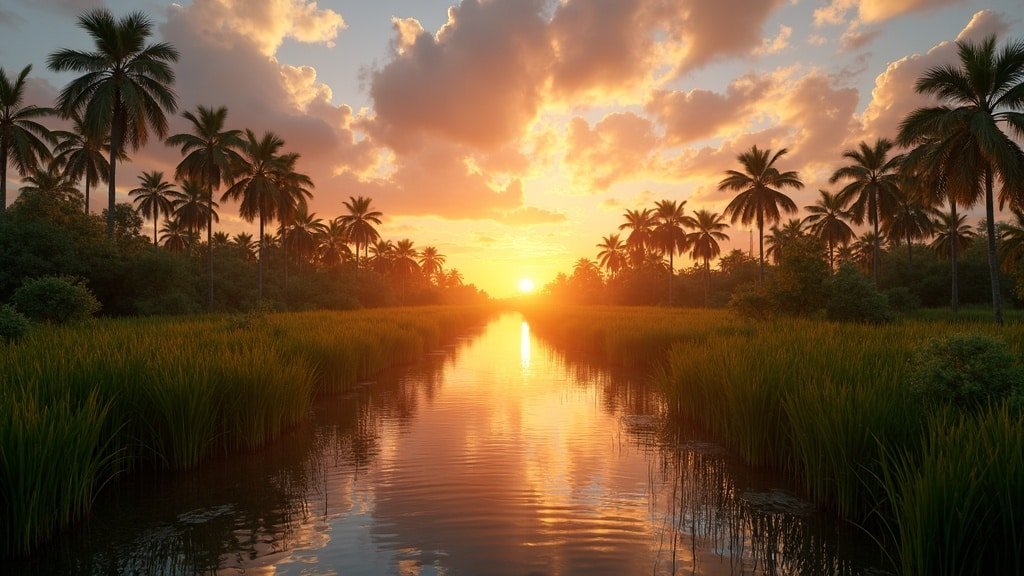 Florida Everglades wetlands with palm trees at sunset