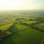 An aerial view of green American farmland and rolling hills