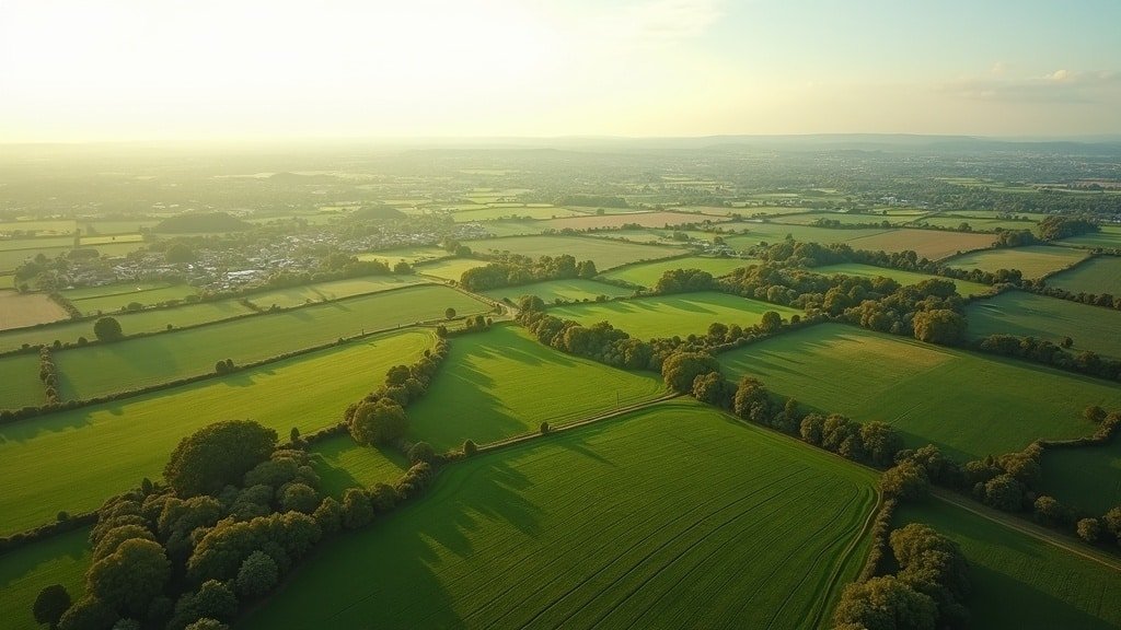 An aerial view of green American farmland and rolling hills