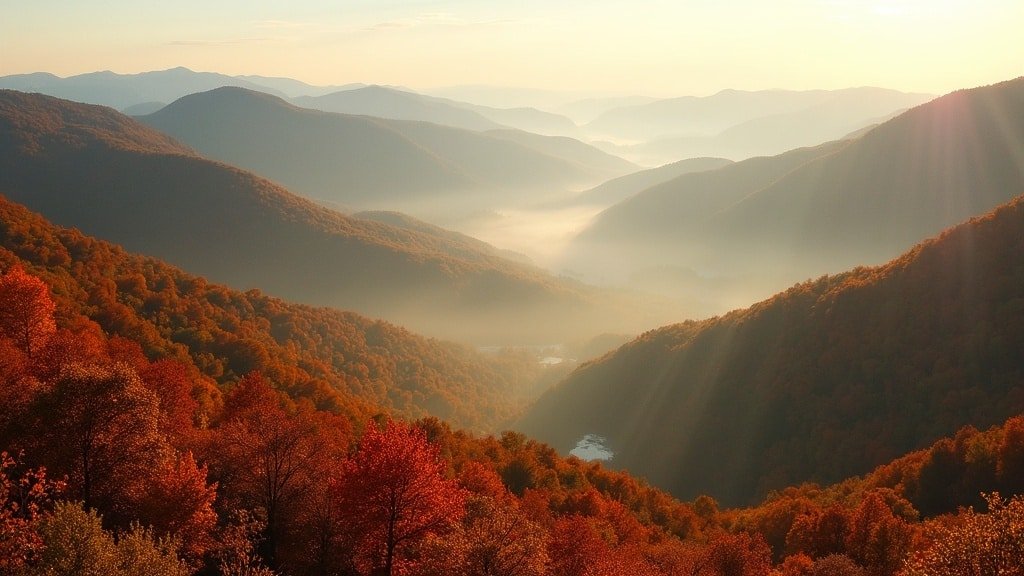 West Virginia Appalachian mountains in autumn with misty forested valleys