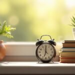 An alarm clock beside a stack of books on a sunny windowsill