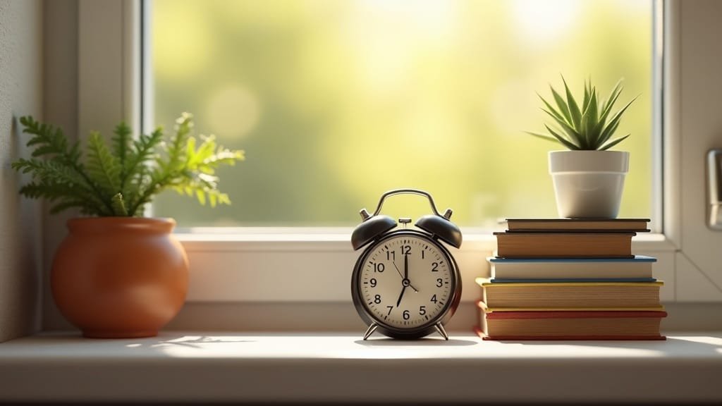 How Many Hours a Day Should You Homeschool? (By Grade, 2026) 1 An alarm clock beside a stack of books on a sunny windowsill
