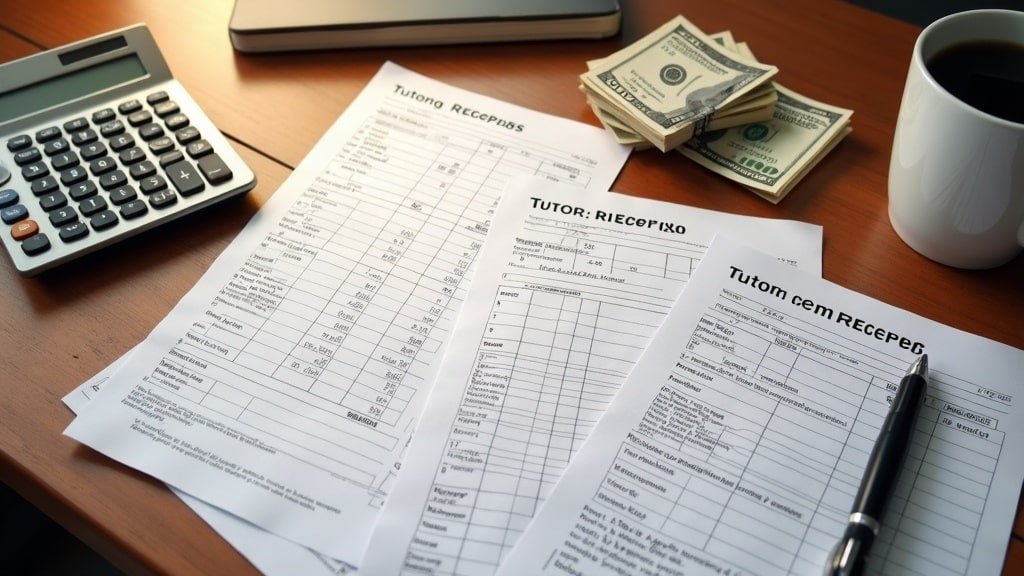 Tutoring reimbursement receipts, a calculator, cash and coffee on a desk