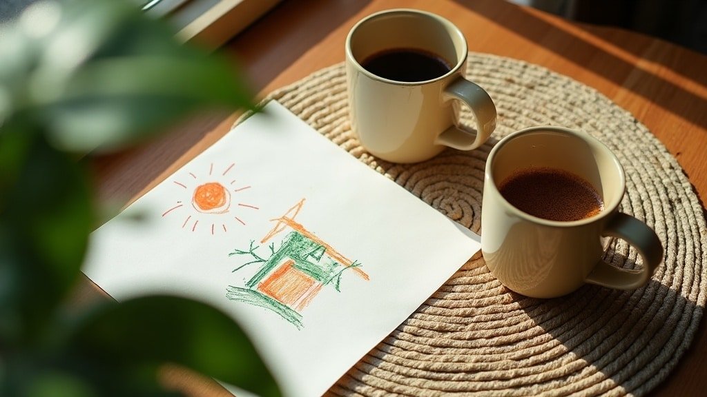 One French-Speaking Parent? Why French Doesn't Always Stick 1 Two coffee mugs and a child’s crayon drawing on a kitchen table, a quiet symbol of a one French-speaking parent home