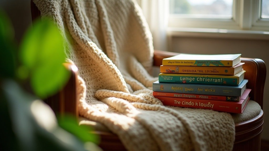 A cozy reading nook with Spanish-language children's books, symbolizing the rise of Spanish in Canada
