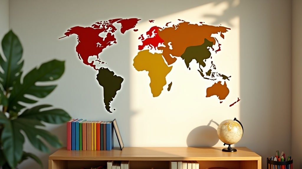 A homeschool study room with a world map silhouette and bookshelf