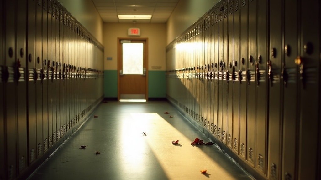 Empty Canadian school hallway lined with lockers in autumn light, representing French Immersion attrition before Grade 9