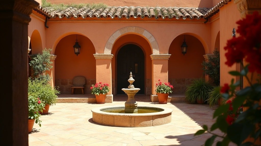 Online Spanish Tutoring for Homeschool Kids: What to Look for in a Certified Tutor 9 A handheld shot of a sunlit Spanish colonial courtyard with a tiled fountain