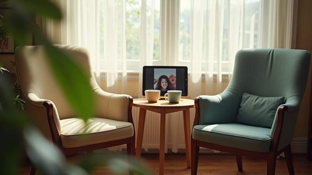 Two chairs and two mugs facing each other by a window, set up for a real 1-on-1 conversation