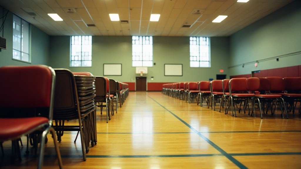 The French Immersion Lottery: What Really Happens, Board by Board 2 Empty rows of chairs set up in a school gymnasium for a French immersion lottery information night