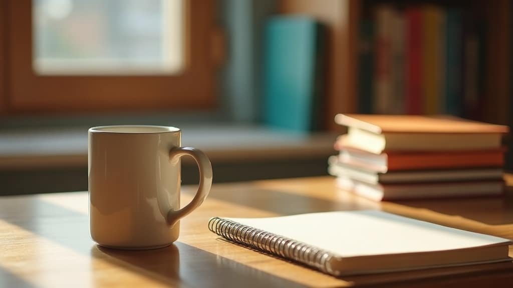Best Spanish Curriculum for Homeschoolers in 2026 (7 Honest Picks) 1 A desk with a coffee mug and notebook, with colorful homeschool curriculum books softly blurred in the background
