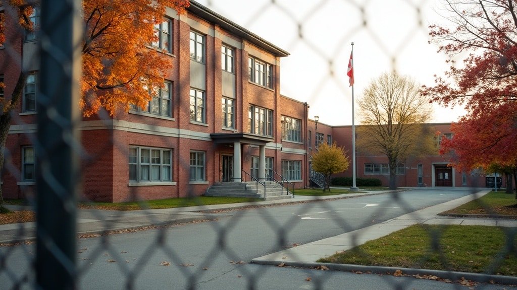 The French Immersion Lottery: What Really Happens, Board by Board 1 Exterior of a Canadian public elementary school in early autumn, empty schoolyard in morning light