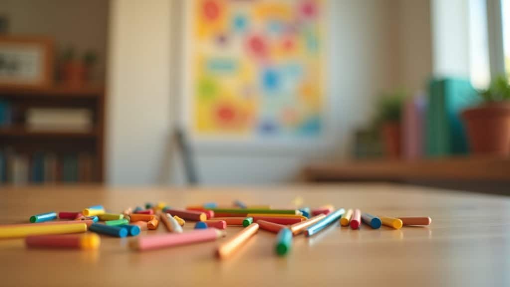 Best Spanish Curriculum for Homeschoolers in 2026 (7 Honest Picks) 2 Colored pencils from the best Spanish curriculum for homeschoolers spread on a desk with a blurred alphabet poster behind