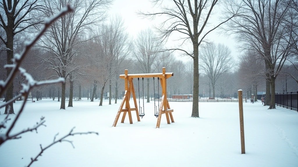 A snow-covered Canadian schoolyard swing set in winter