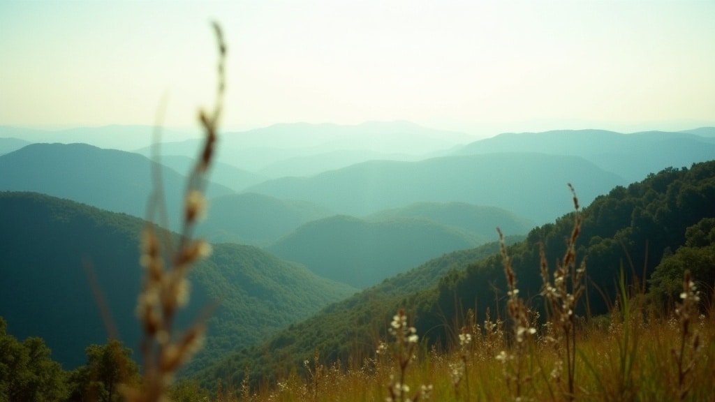 A handheld shot of the Ozark Mountains overlook in Arkansas with foreground grass