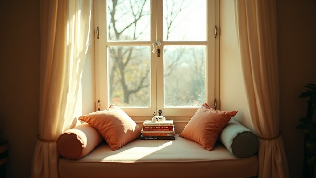 A cozy window-seat reading nook with cushions and books