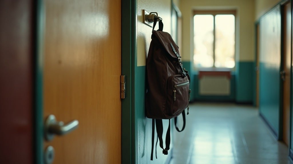 Backpack hanging on a hook outside a Grade 7 French Immersion classroom door