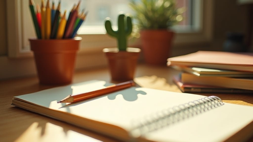 An Arizona homeschool desk with a saguaro cactus figurine, colored pencils and notebooks, next to the state’s ESA documentation requirements