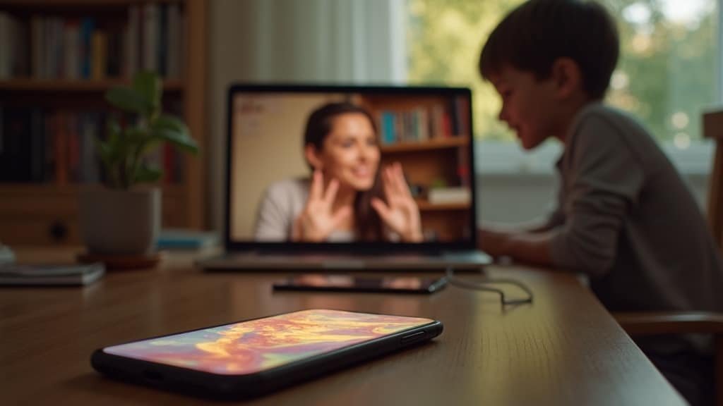 Babbel vs a Real Tutor for Kids: An Honest Review 1 A child on a video call with a tutor next to a phone showing a language app, illustrating Babbel vs a real tutor for kids