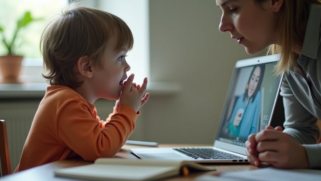 Babbel vs a Real Tutor for Kids: An Honest Review 2 A child speaking during a live language lesson while a tutor corrects pronunciation on screen