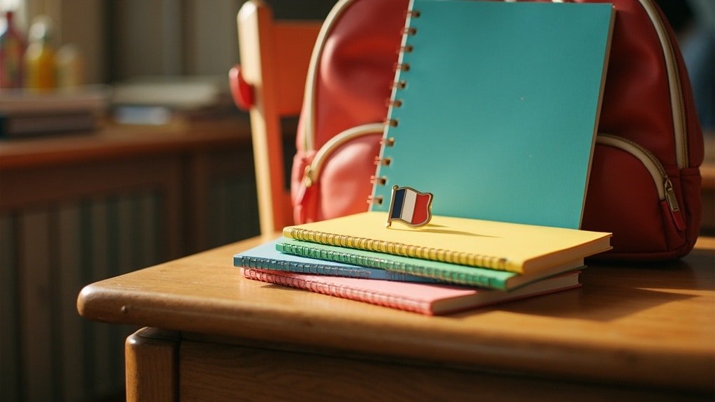 A backpack and colorful notebooks with a French flag pin on a school desk