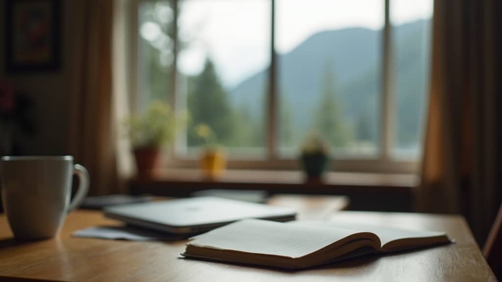 A homeschool workspace with a laptop and notebook, mountains visible through the window, representing British Columbia homeschool funding for tutoring