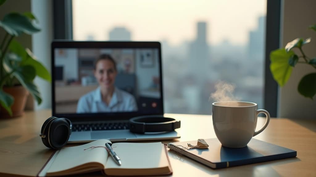 A home desk with a laptop video call, headphones, notebook, and tea, representing preparation for a federal language assessment