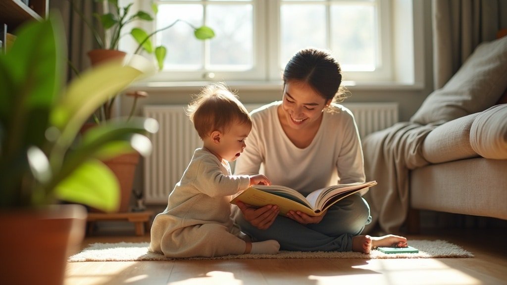 Does Bilingualism Cause Speech Delay? The Silent Period Myth 1 A parent and toddler reading together at home, illustrating that bilingualism does not cause speech delay in young children.