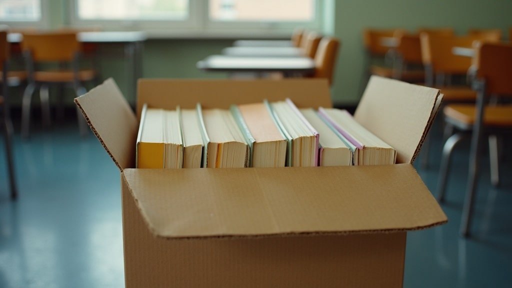 Textbooks packed into a cardboard box in an empty classroom