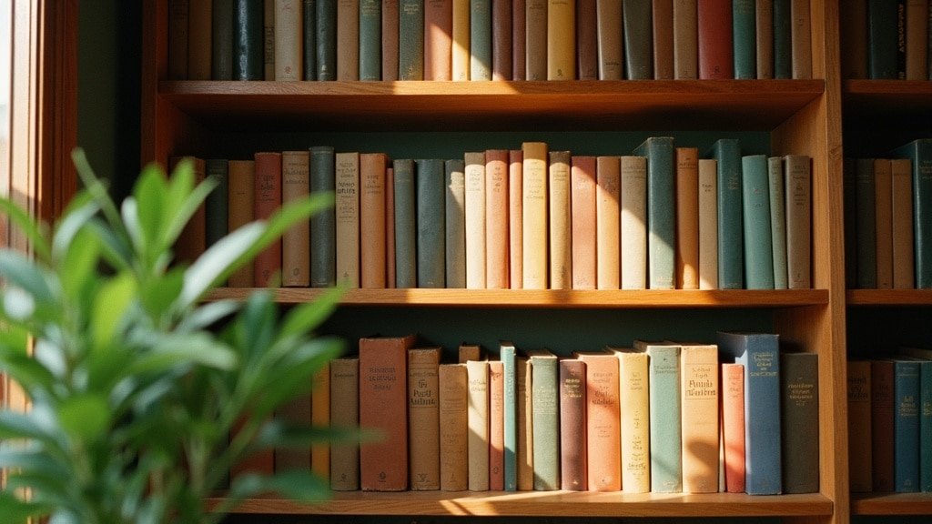 A wooden homeschool bookshelf with a green plant, softly lit