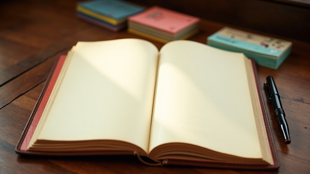 A blank leather-bound record book open on a desk beside colorful flashcards and a pen