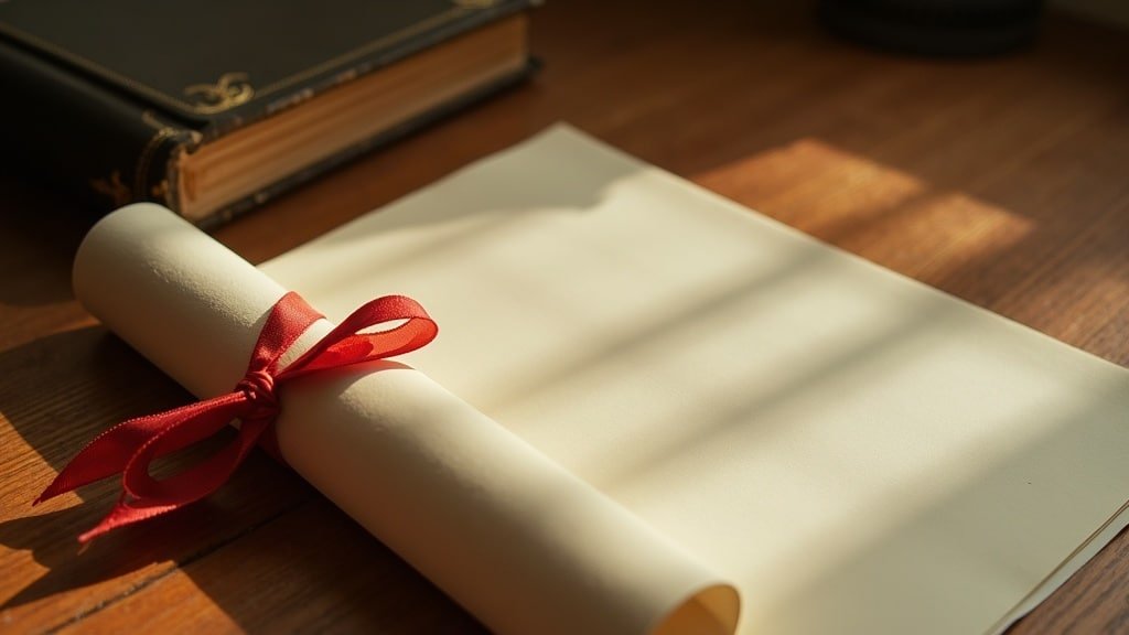 A rolled diploma scroll tied with a red ribbon beside a closed book, representing an official DELF diploma