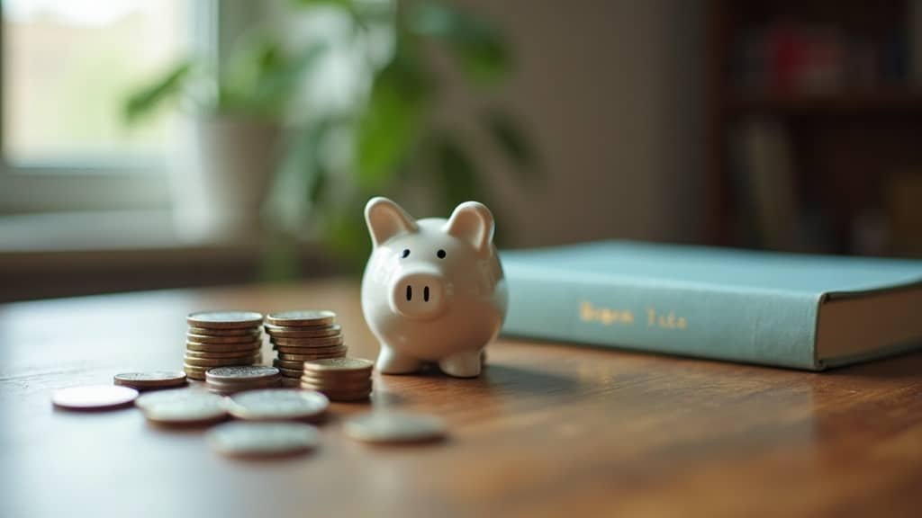 How Much Does French Tutoring Cost in Canada? 2 A small piggy bank and a stack of coins next to a closed French textbook on a wooden table