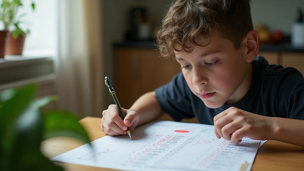A teenage student looks over a graded DELF exam paper with a thoughtful expression, working through the DELF éliminatoire rule