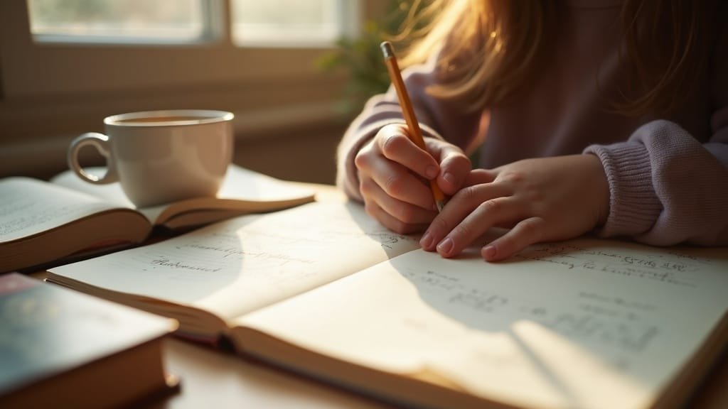 A child's hand writing in a French workbook at a wooden desk while preparing for a DELF exam