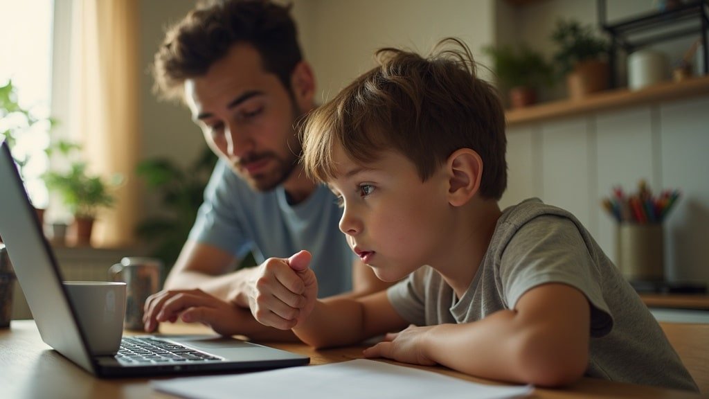 A parent and child looking at exam registration information together at a laptop
