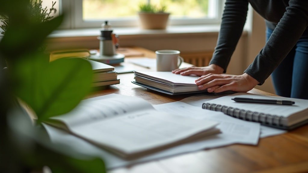 A parent calmly organizing homeschool transcript paperwork at a desk