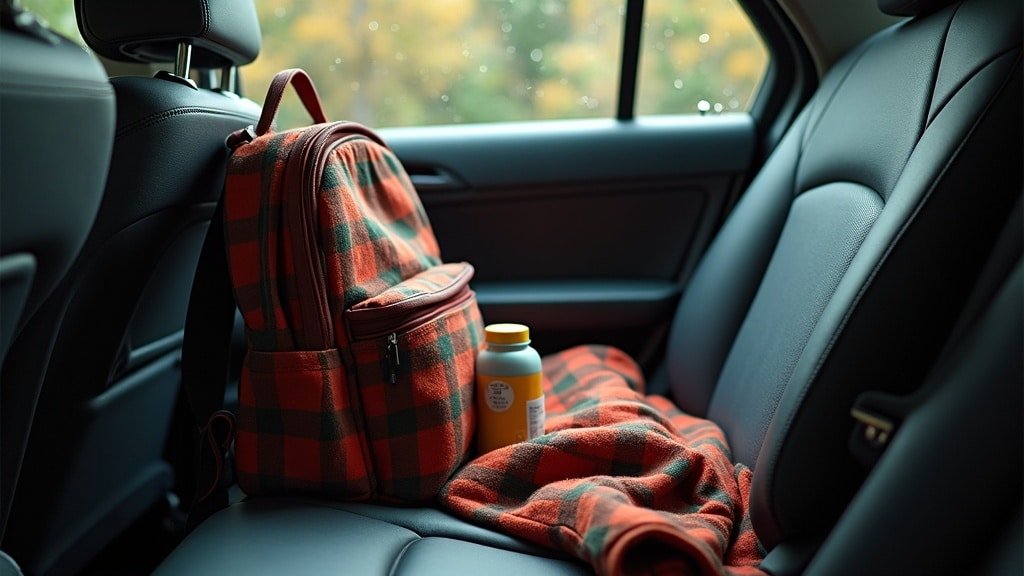 A backpack, folded blanket, and drink bottle on a car's back seat, representing the daily drive to Dufferin-Peel Catholic French Immersion