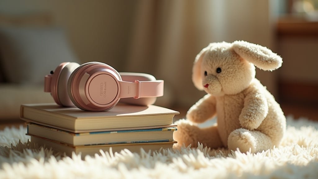 Why Most "Beginner" French Shows Are Too Fast 2 Children's headphones resting on board books beside a stuffed bunny, representing supported French listening practice