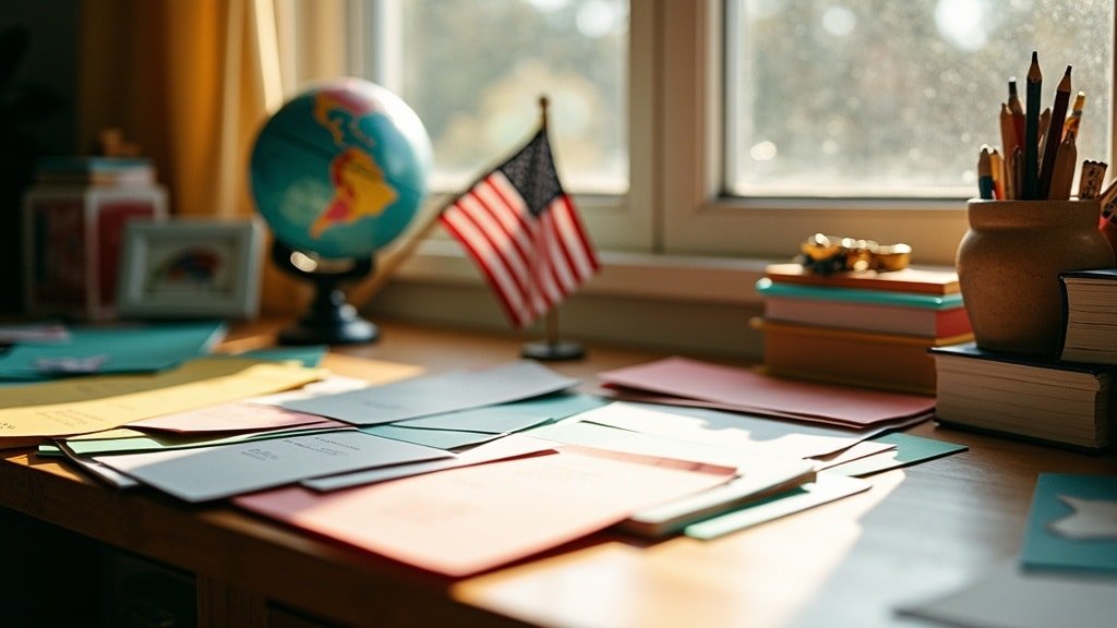 An American homeschool desk with a US flag, globe and colorful flashcards