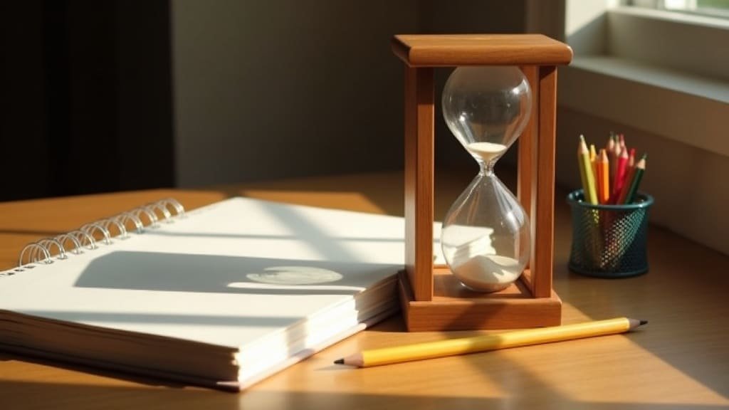 How to Start Your Homeschool Language Year This September 2 An hourglass, closed notebook and pencils on a desk, representing a homeschool weekly language schedule