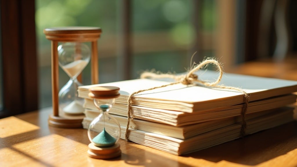 An hourglass beside a stack of workbooks tied with twine, representing maintaining French level over a homeschool year